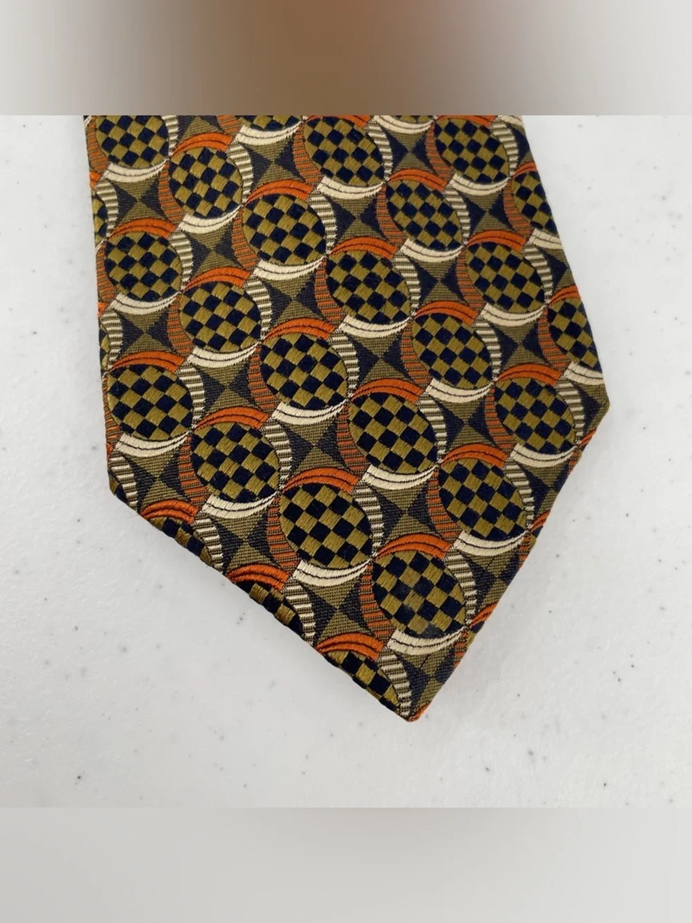 Ermenegildo Zegna Checkboard Circular Geometric Italian Made Woven Silk Tie Work